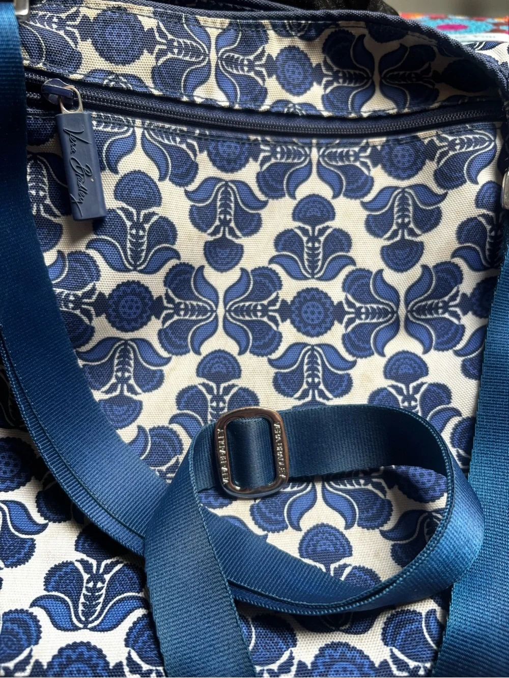 Vera Bradley Cobalt Tile Blue & White Handbag Shoulder Bag Adjustable Strap EUC